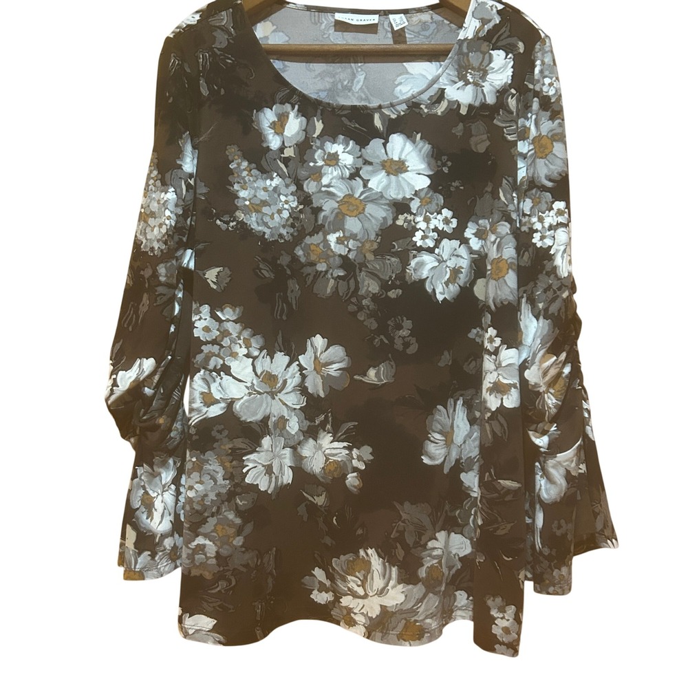 Susan Graver Tunic Top Womens 1X Brown Floral Stretch Ruched Sleeve Artsy Office